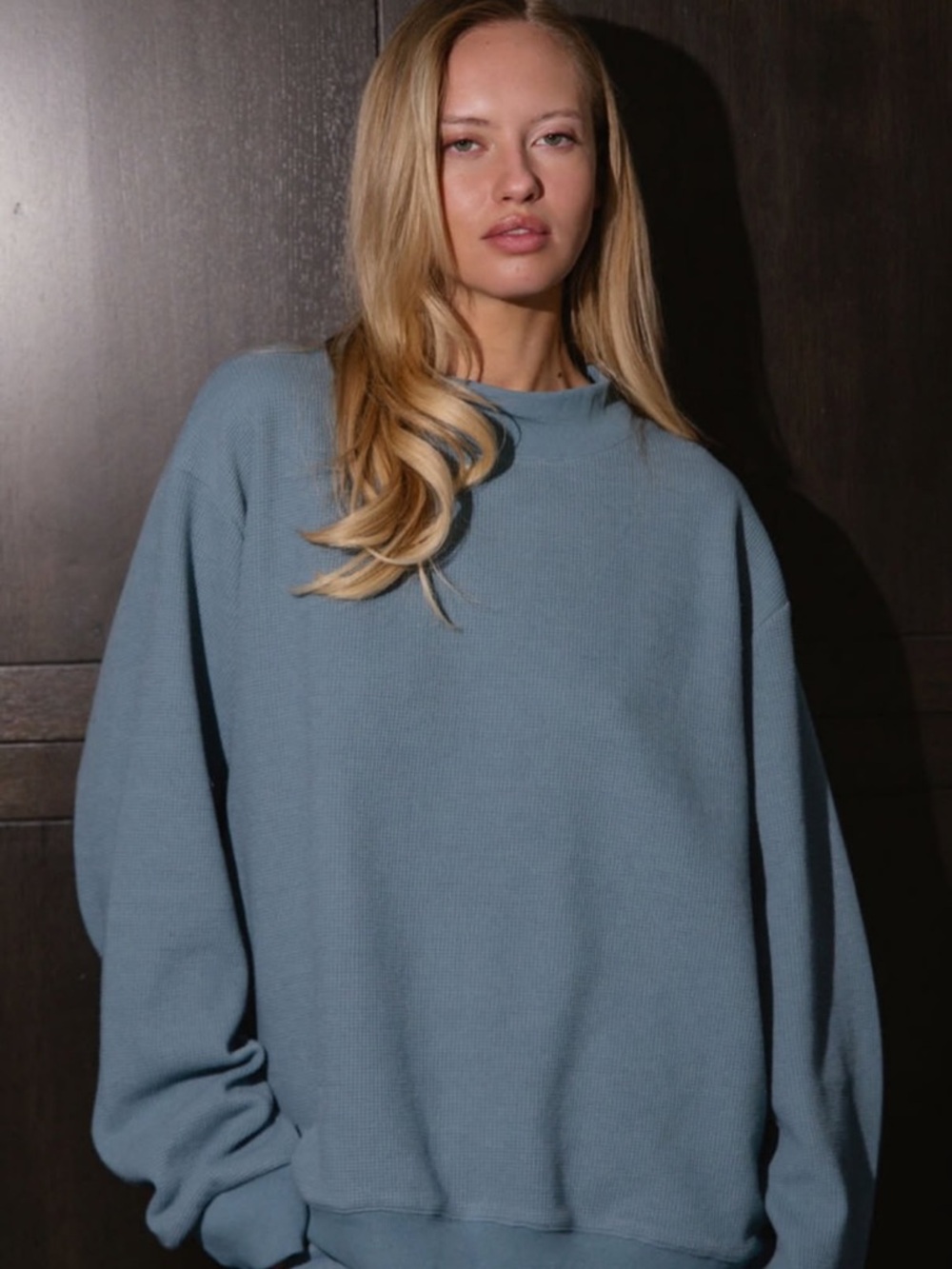 Waffle-Knit Mockneck Pullover in Glacier Blue